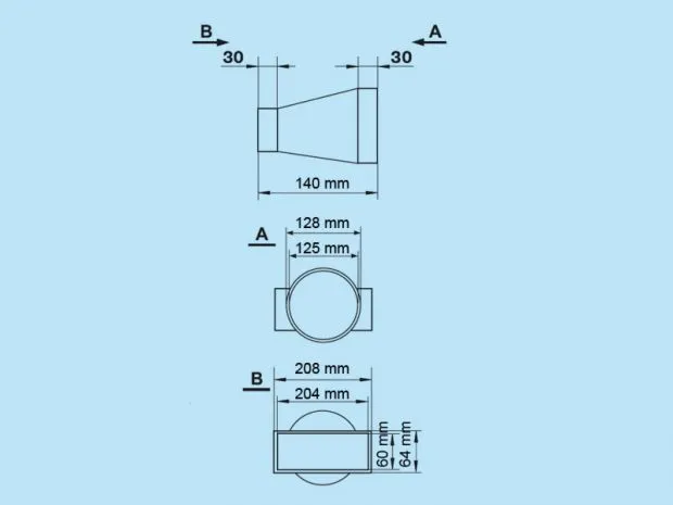 Ø125mm auf 208x64mm Übergangsstück